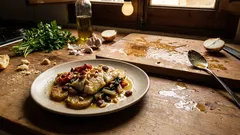 Pescado al horno a la mallorquina: jugoso, con papas tiernas y pasas con piñones